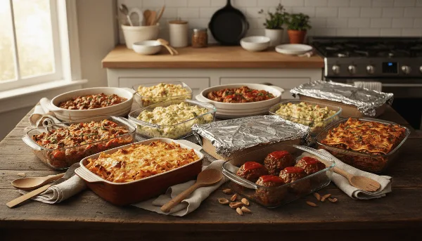 An overhead view of multiple prepared meals in glass and ceramic dishes arranged on a wooden table.