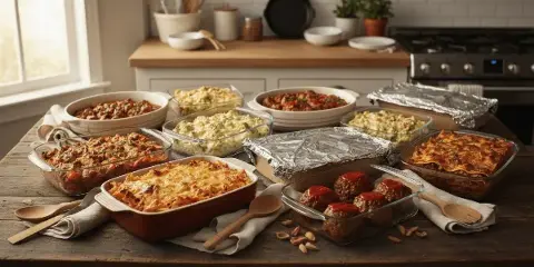 An overhead view of multiple prepared meals in glass and ceramic dishes arranged on a wooden table.
