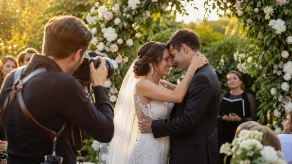A photographer taking a picture of a bride and groom during an outdoor wedding ceremony.