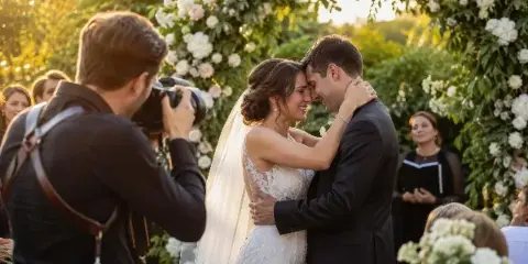 A photographer taking a picture of a bride and groom during an outdoor wedding ceremony.