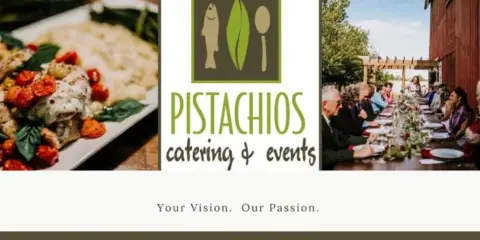 A catering company banner showing a plated dish with chicken and vegetables on the left, the Pistachios Catering & Events logo in the center, and a long outdoor banquet table with seated guests on the right.