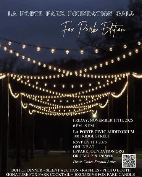 An outdoor park pavilion decorated with string lights at dusk, promoting a park foundation gala.