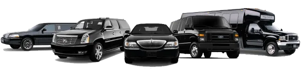 A lineup of black limousines, SUVs, and a party bus.