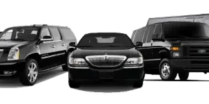 A lineup of black limousines, SUVs, and a party bus.
