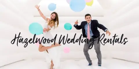 A bride and groom dancing inside a white bounce house with pastel balloons, with the Hazelwood Wedding Rentals name overlaid.