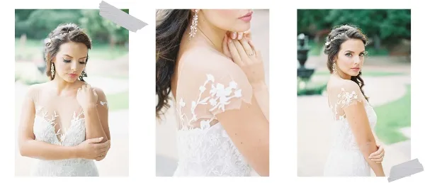 A collage of three photographs showing a bride with an elegant updo hairstyle and soft makeup, wearing a white lace wedding dress.