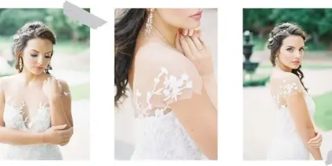 A collage of three photographs showing a bride with an elegant updo hairstyle and soft makeup, wearing a white lace wedding dress.