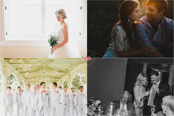 A four-panel collage of wedding and engagement photographs featuring a bride with a bouquet, a couple in an outdoor setting, a groomsmen group, and a couple toasting at a reception.