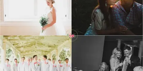 A four-panel collage of wedding and engagement photographs featuring a bride with a bouquet, a couple in an outdoor setting, a groomsmen group, and a couple toasting at a reception.