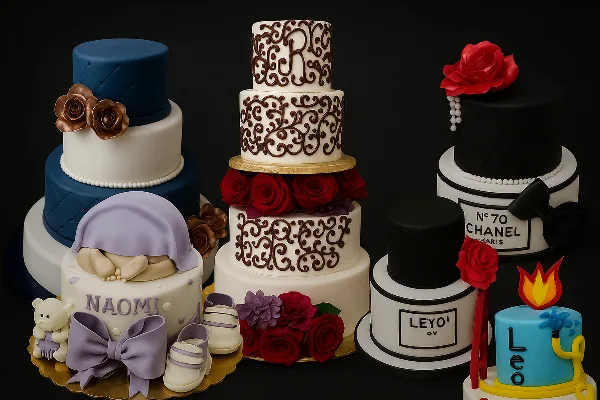 A collection of custom decorated cakes, including multi-tiered wedding cakes and themed designs, displayed against a dark background.