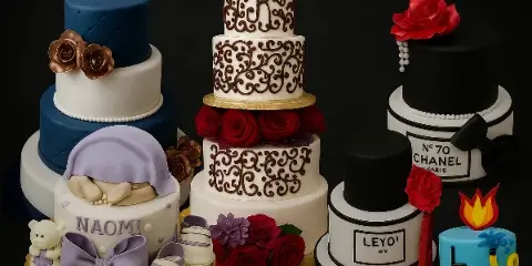 A collection of custom decorated cakes, including multi-tiered wedding cakes and themed designs, displayed against a dark background.
