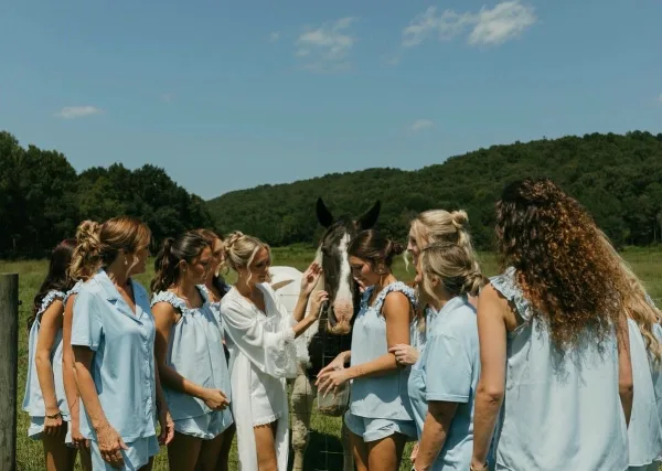 A bride and bridesmaids in light blue robes standing in a grassy field with a horse, set against a backdrop of rolling green hills.