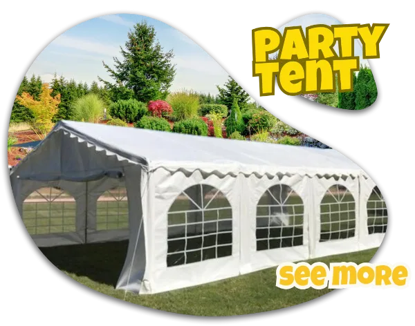 A large white event tent with arched windows set up on a lawn in front of a garden.