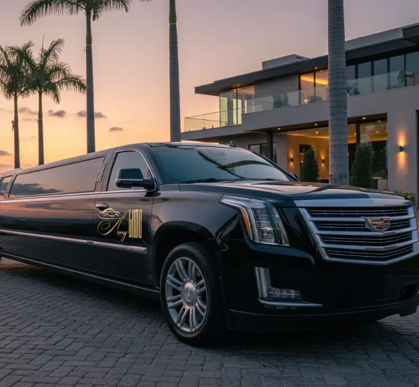 A black stretch limousine with the Avery Limo logo parked outside a modern building at sunset.