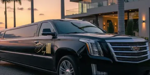 A black stretch limousine with the Avery Limo logo parked outside a modern building at sunset.