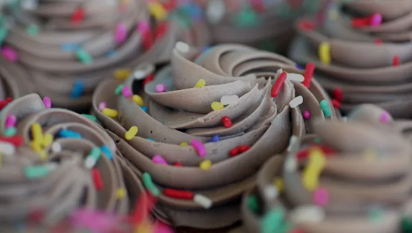 A close-up photograph of chocolate-frosted cupcakes topped with colorful sprinkles.