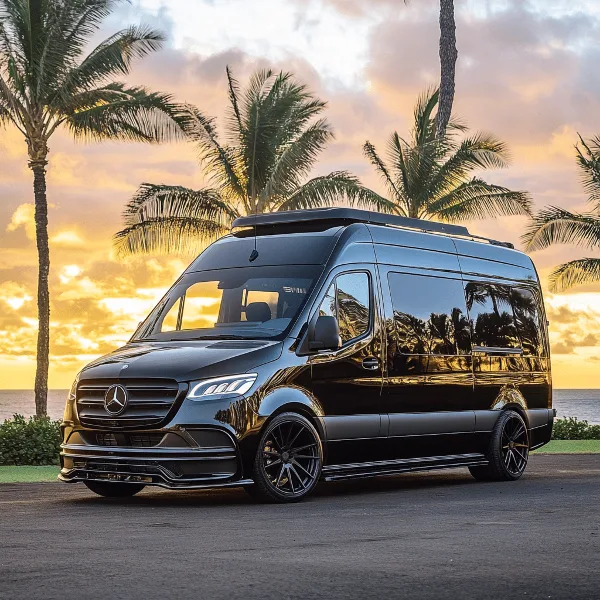 A black Mercedes-Benz Sprinter van parked on a paved surface with palm trees and a sunset in the background.