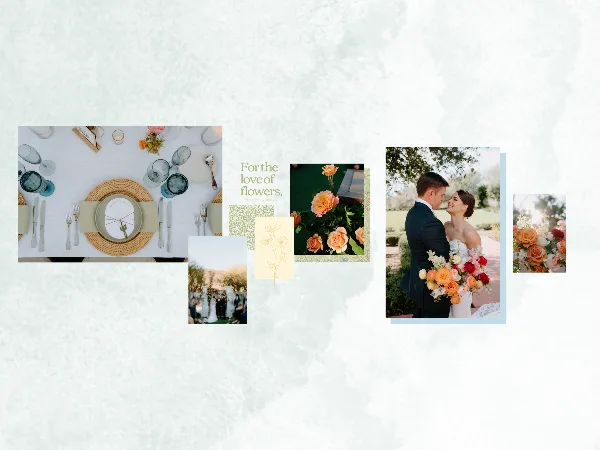 A collage of wedding decor and floral arrangements, including a table setting, a floral arch, and a bride holding a bouquet.
