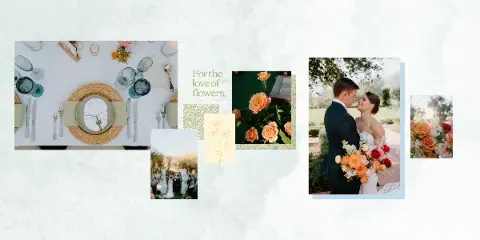 A collage of wedding decor and floral arrangements, including a table setting, a floral arch, and a bride holding a bouquet.