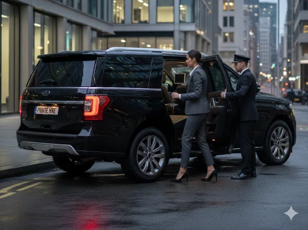 A professional chauffeur in a suit and cap opens the rear door of a black luxury SUV for a client in a business suit on a city street.