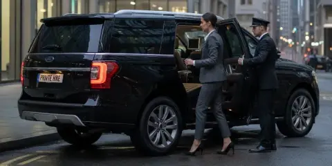 A professional chauffeur in a suit and cap opens the rear door of a black luxury SUV for a client in a business suit on a city street.
