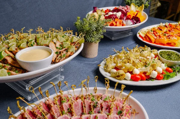 Fingerfood meat skewers with caprese skewers by Paul Evans Catering, Long Island NY
