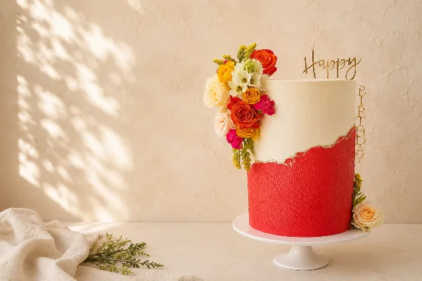 A two-tiered cake with red textured fondant and white fondant, decorated with a cluster of colorful fresh flowers and a gold 'Happy Birthday' topper, sitting on a white cake stand.