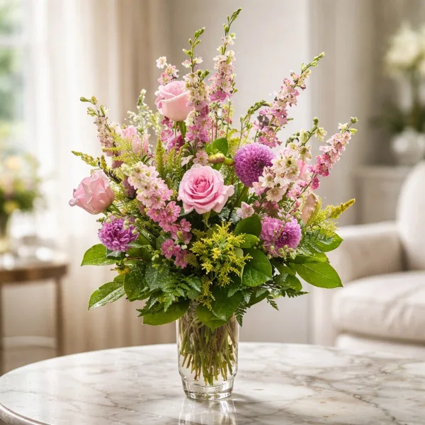 A vibrant floral arrangement featuring pink roses and purple daisies in a clear glass vase.