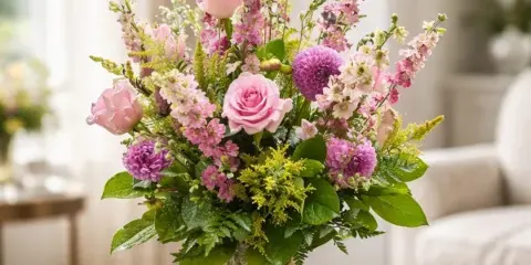A vibrant floral arrangement featuring pink roses and purple daisies in a clear glass vase.