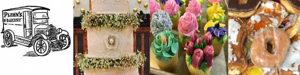 A collage featuring a vintage Plehn's Bakery logo, a decorated multi-tiered wedding cake, colorful cupcakes, and assorted pastries.