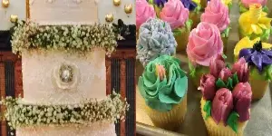 A collage featuring a vintage Plehn's Bakery logo, a decorated multi-tiered wedding cake, colorful cupcakes, and assorted pastries.