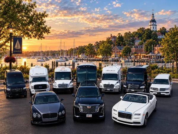 A fleet of luxury vehicles including limousines, sedans, and coaches branded with 'Blanchard' parked in front of the Annapolis waterfront at sunset.