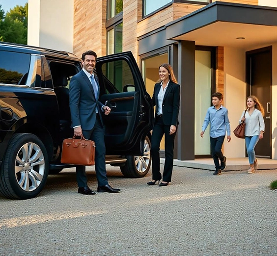 A professional chauffeur in a suit opens the door of a black luxury SUV for a passenger.