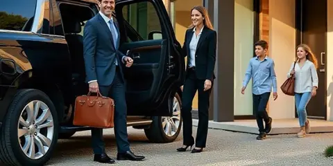 A professional chauffeur in a suit opens the door of a black luxury SUV for a passenger.