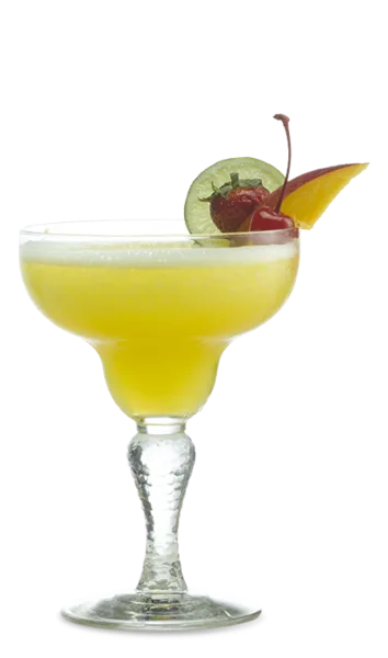 A glass of yellow margarita garnished with a strawberry, kiwi, and orange slice.