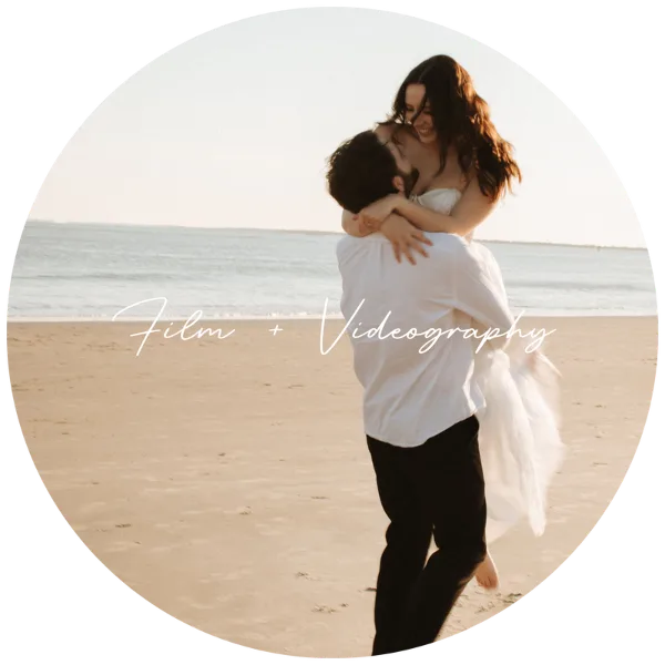 A couple embracing on a beach with the text 'Film + Videography' overlaid.