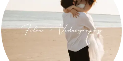 A couple embracing on a beach with the text 'Film + Videography' overlaid.