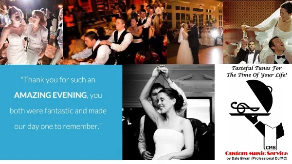 A collage of wedding event photos showing guests dancing, a couple toasting, and a first dance, alongside a client testimonial and the business logo.