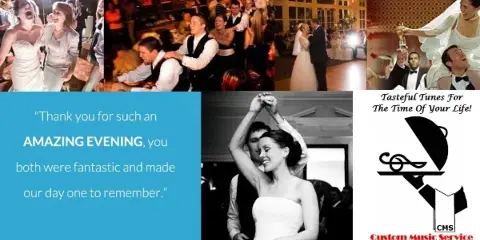 A collage of wedding event photos showing guests dancing, a couple toasting, and a first dance, alongside a client testimonial and the business logo.