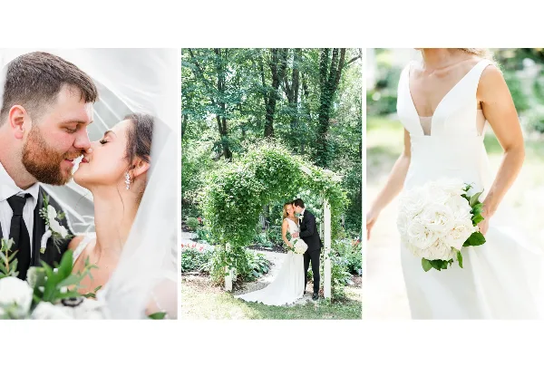 A collage of three wedding photographs featuring a couple kissing, a couple under a floral arch, and a bride holding a white bouquet.