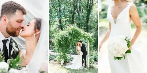 A collage of three wedding photographs featuring a couple kissing, a couple under a floral arch, and a bride holding a white bouquet.