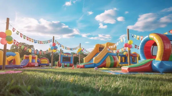 Outdoor party setup featuring multiple colorful inflatable bounce houses and slides on a grassy lawn under a blue sky.