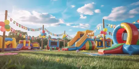 Outdoor party setup featuring multiple colorful inflatable bounce houses and slides on a grassy lawn under a blue sky.