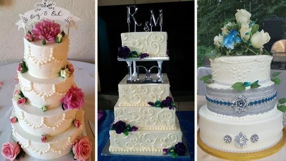 A collage of three different multi-tiered wedding cakes decorated with flowers and toppers.