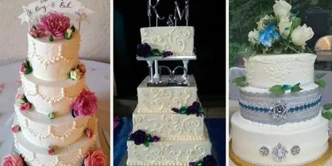 A collage of three different multi-tiered wedding cakes decorated with flowers and toppers.
