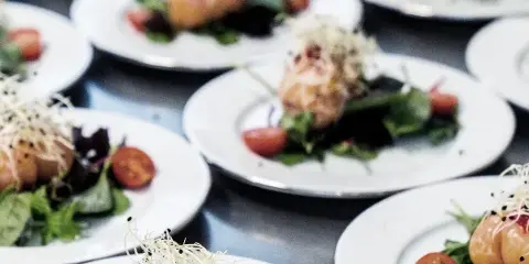 Multiple white plates containing appetizers with greens, tomatoes, and sprouts arranged on a metal tray.