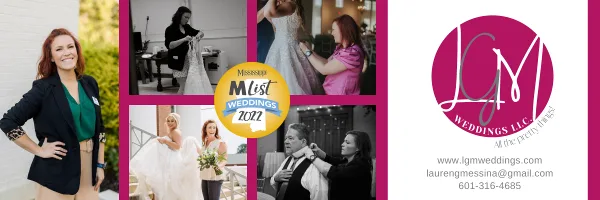 A promotional banner for LGM Weddings featuring the owner Lauren Messina and a collage of photos showing her assisting a bride and groom with their attire.