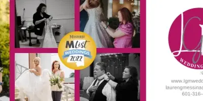 A promotional banner for LGM Weddings featuring the owner Lauren Messina and a collage of photos showing her assisting a bride and groom with their attire.