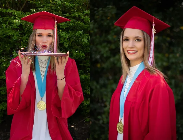 A two-panel portrait photograph of a young woman in a red graduation gown and cap, holding a diploma and blowing confetti.