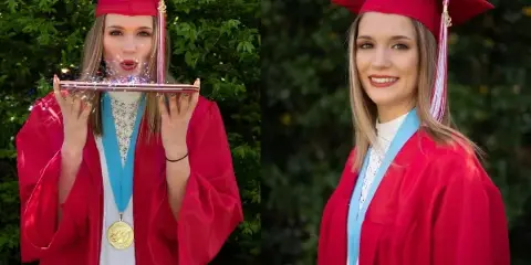 A two-panel portrait photograph of a young woman in a red graduation gown and cap, holding a diploma and blowing confetti.